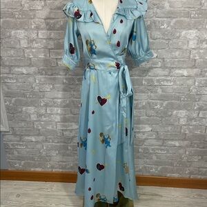 HEIND Elegant Blue Wrap Hearts and Cherubs Wrap Dress